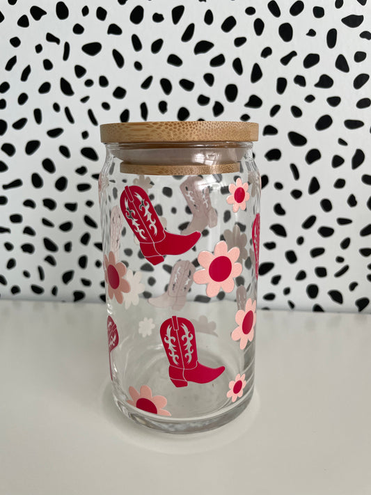 Pink Boots 16 oz Glass Can Cups