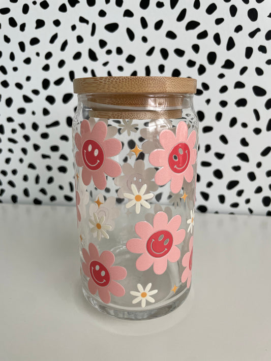 Smiley Flowers 16 oz Glass Can Cups