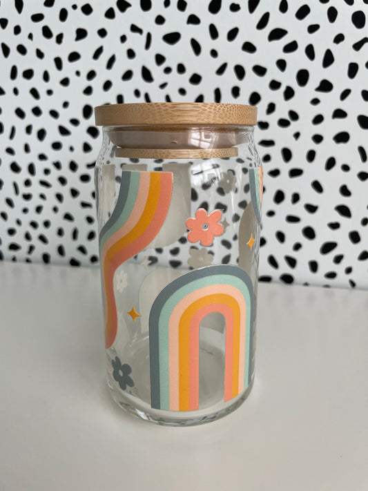 Retro Rainbow 16 oz Glass Can Cups
