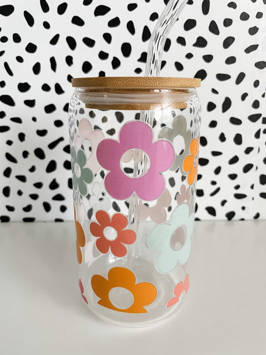 Retro Flowers 16 oz Glass Can Cup