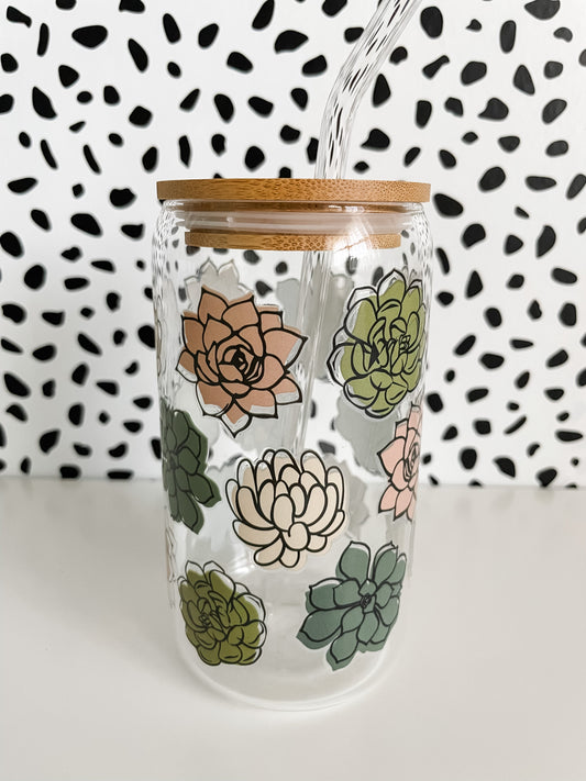 Succulents 16 oz Glass Can Cups