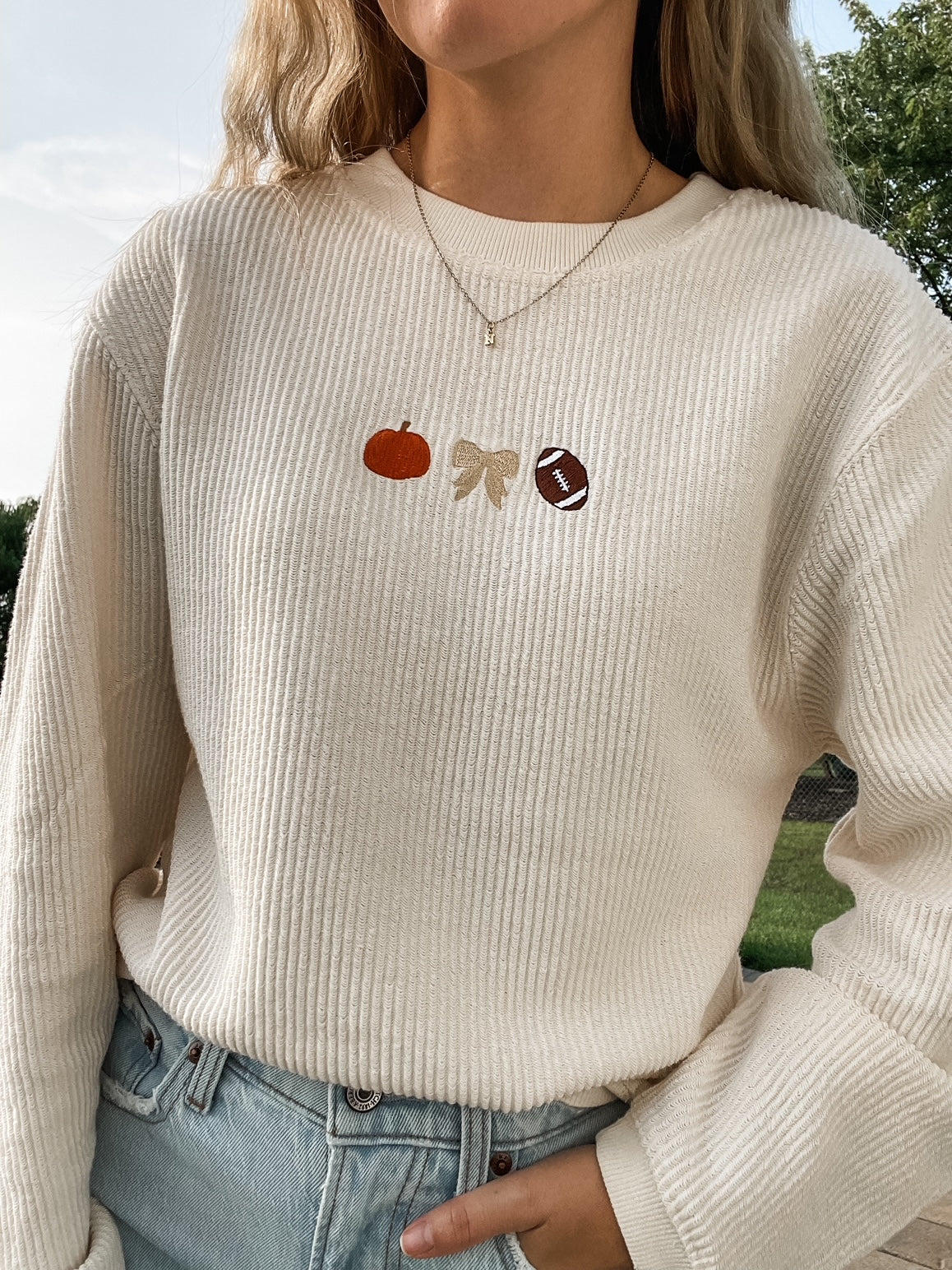 Autumn Embroidered Corded Crewneck Pullover