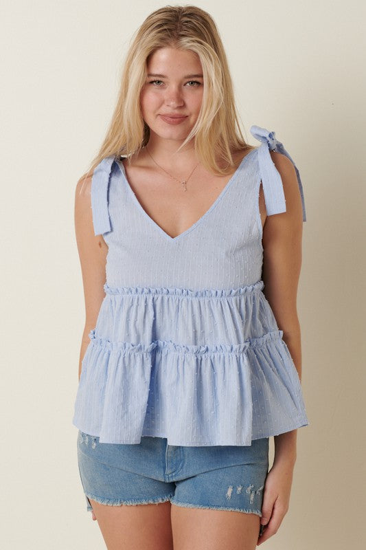 Dusty Blue Bowtie Ruffle Tiered Top