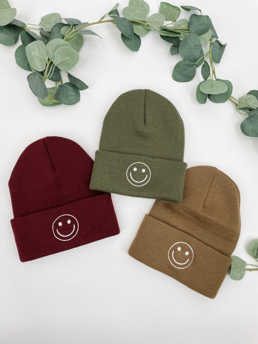 Smiley Embroidered Knit Beanie